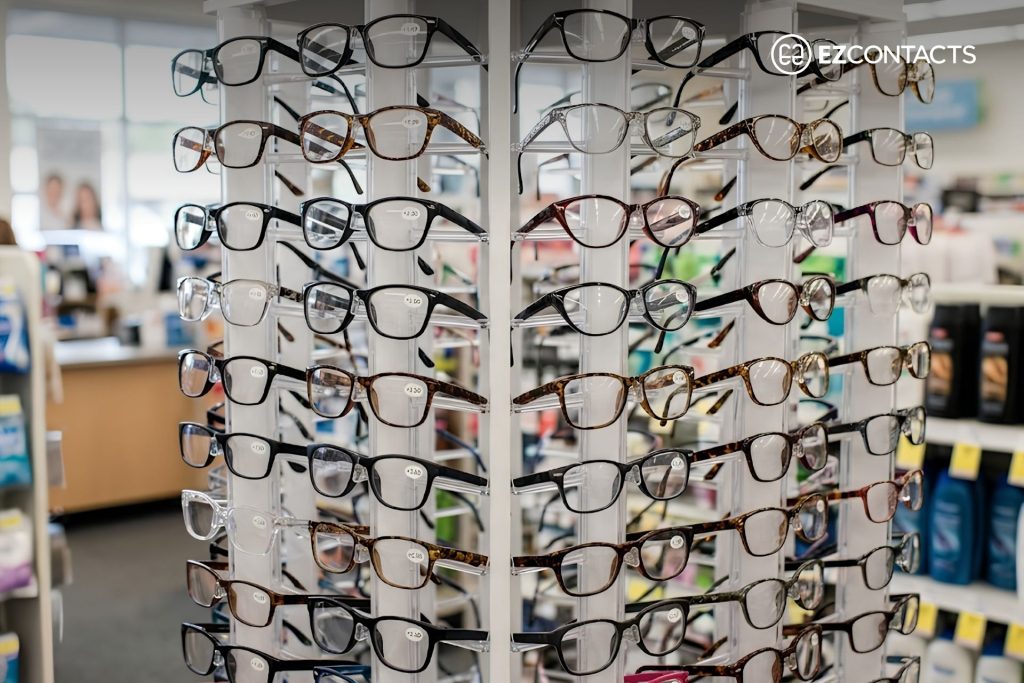 Rack of Over-the-Counter Readers in a Drugstore